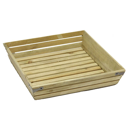ABN5E020-NTRL Natural Wood Large Shallow Square Crate with Metal Corner Design