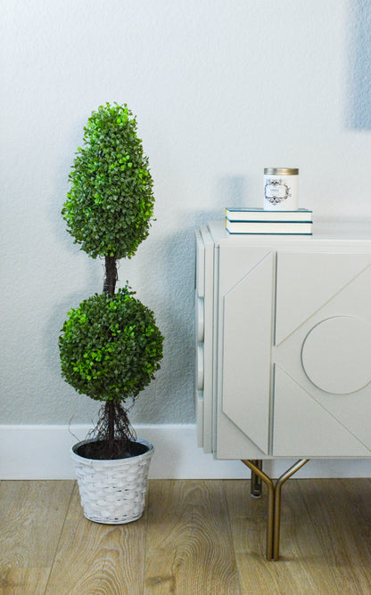 Artificial Boxwood Leave Double Ball Shaped Topiary Plant Tree in Basket,  ABNT001B-NTRL