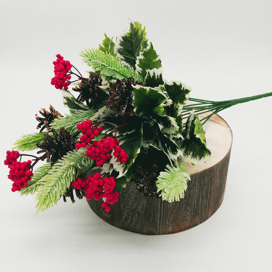 10 Stem Artificial Holly Leaves Berries Christmas Bush