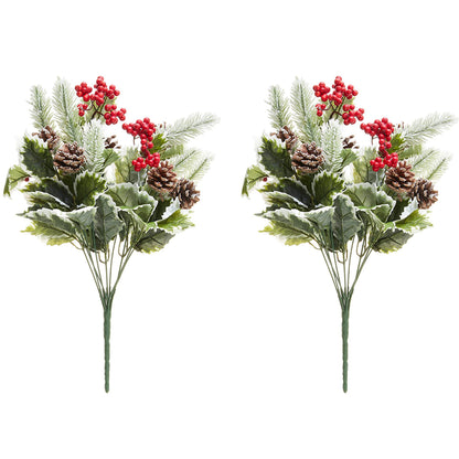 10 Stem Artificial Holly Leaves Berries Christmas Bush