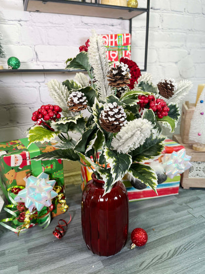 10 Stem Artificial Holly Leaves Berries Christmas Bush