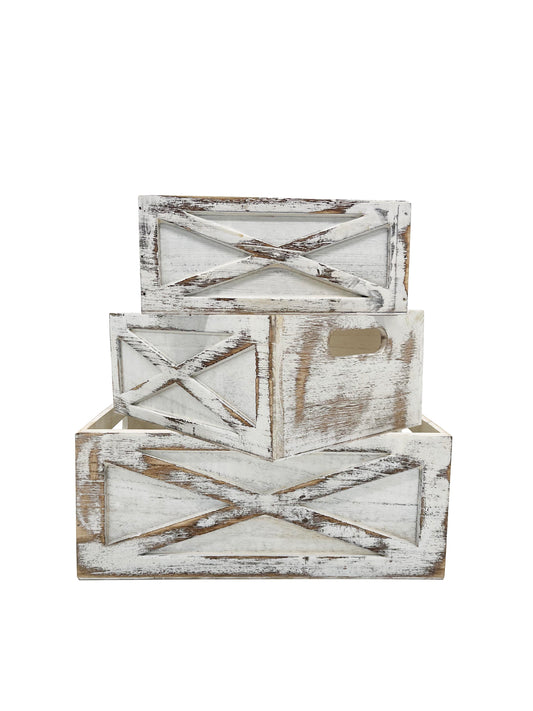 ABN5E172-WHT Rustic Nesting Wooden Crates Decorative Box, Barn Door