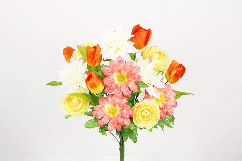 GPB6342-CORAL MIX 18 Stems Artificial Tulip Dahlia and Ranunculus Greenery Mixed Bush