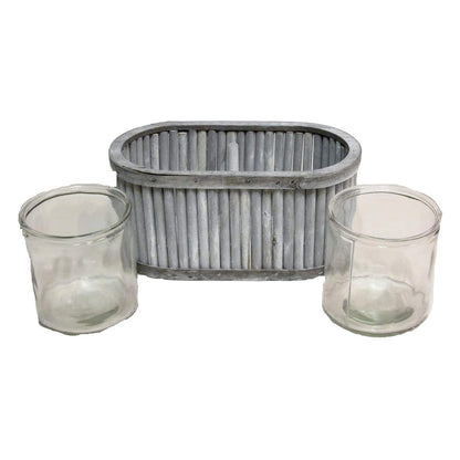 Oval Wood with Double Glass Vase Wooden PlanterWooden Flower For Indoor Plants Washed Grey