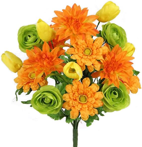 GPB6342-CORAL MIX 18 Stems Artificial Tulip Dahlia and Ranunculus Greenery Mixed Bush