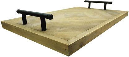 20 inch Wooden Serving Tray with Metal Handles, Home Décor Tray