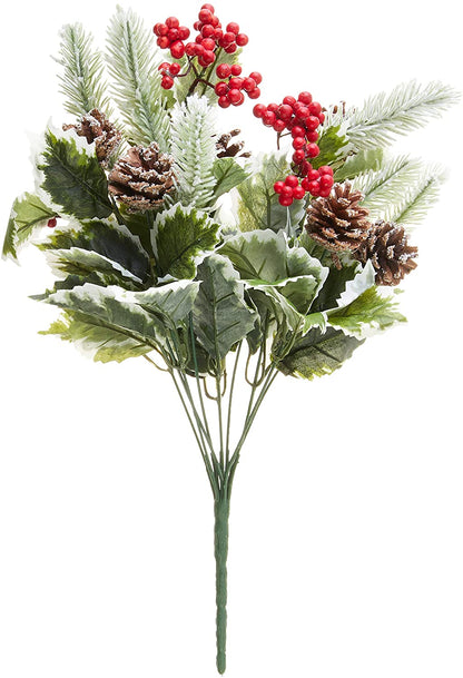 10 Stem Artificial Holly Leaves Berries Christmas Bush