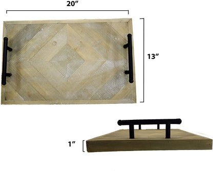20 inch Wooden Serving Tray with Metal Handles, Home Décor Tray