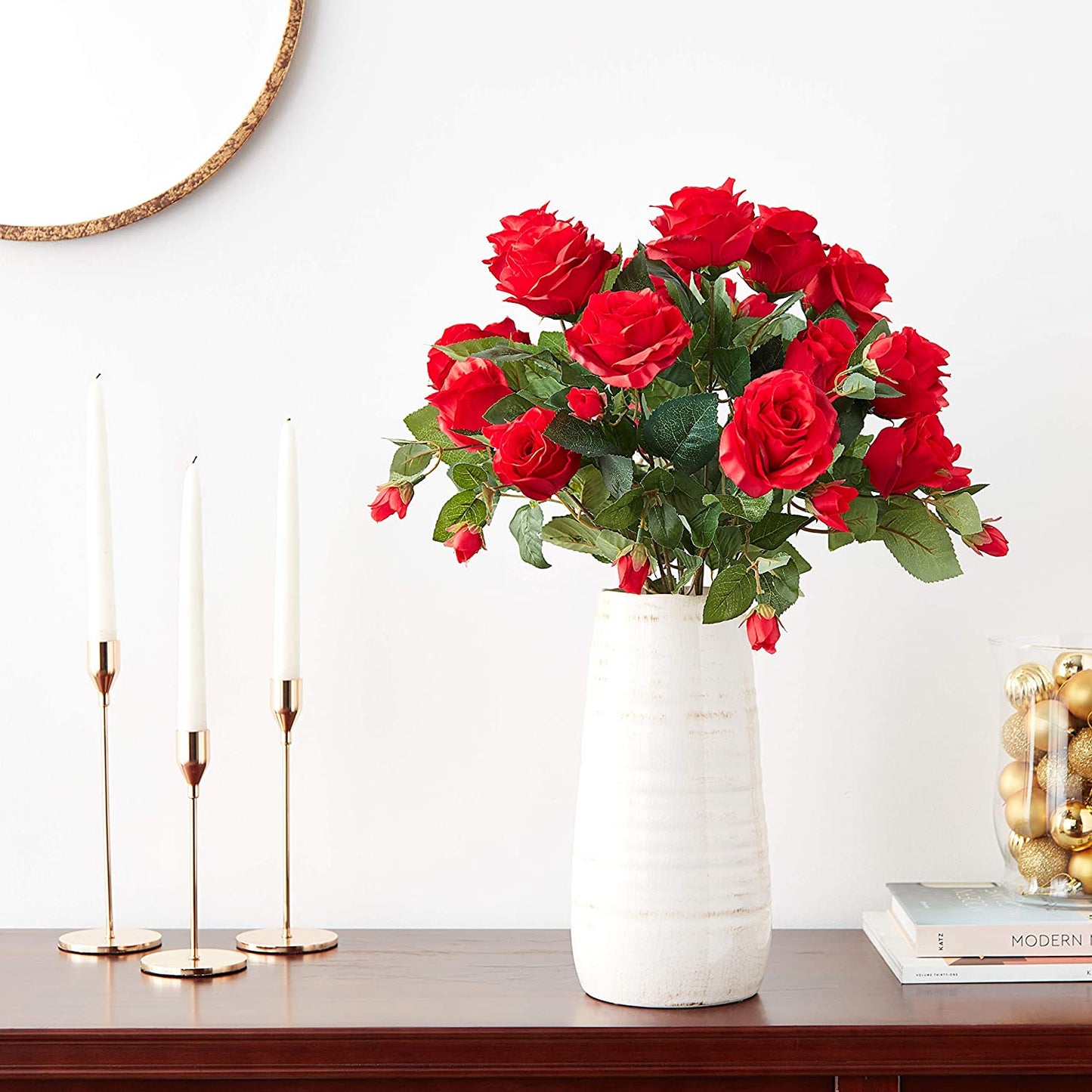 GPB7338-CREAM 5 Stems Faux 15 Head Rose Bud Flower Bush Cream