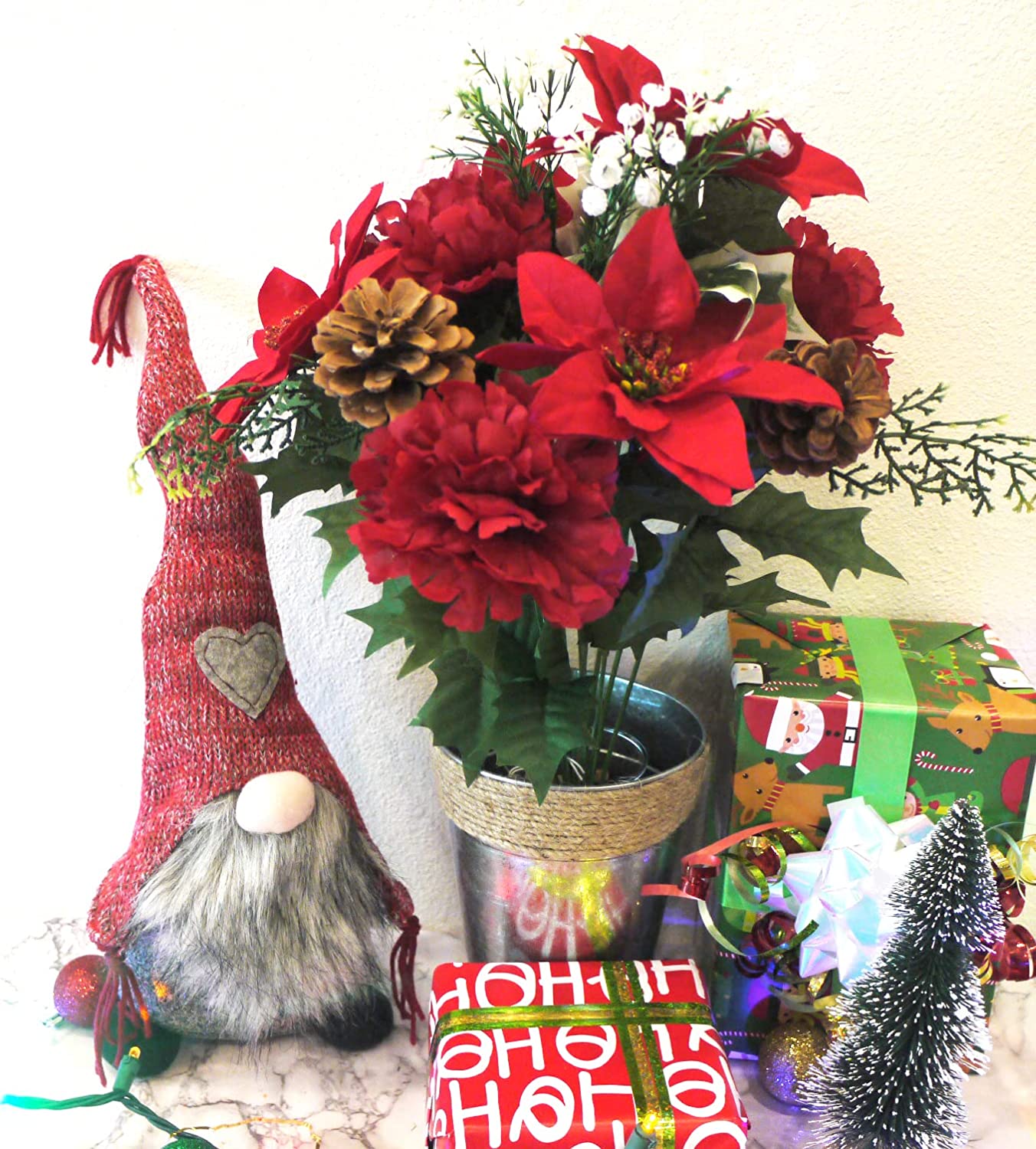 14 Stems Artificial Poinsettia Bouquet Fake Christmas Flowers