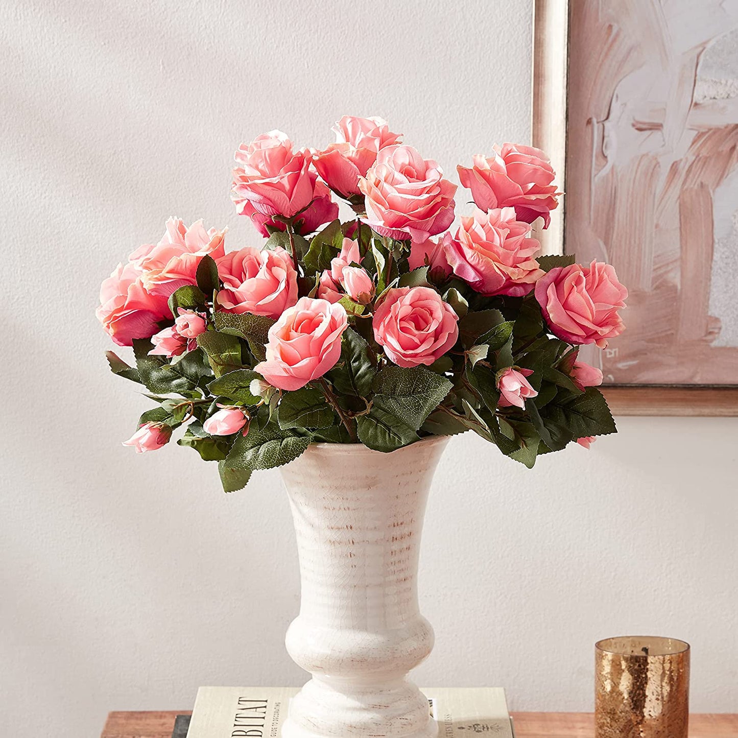 GPB7338-CREAM 5 Stems Faux 15 Head Rose Bud Flower Bush Cream