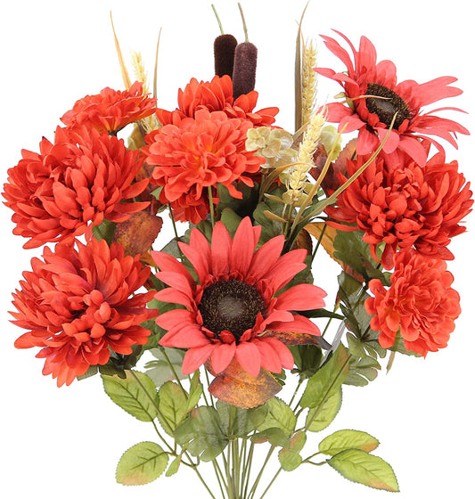 18 Stems Artificial Mums Sunflowers Zinna Silk Flowers Bush Foliage