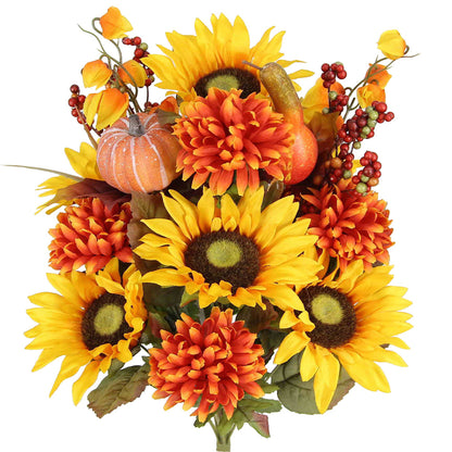 18 Stems Artificial Mums Sunflowers Zinna Silk Flowers Bush Plants