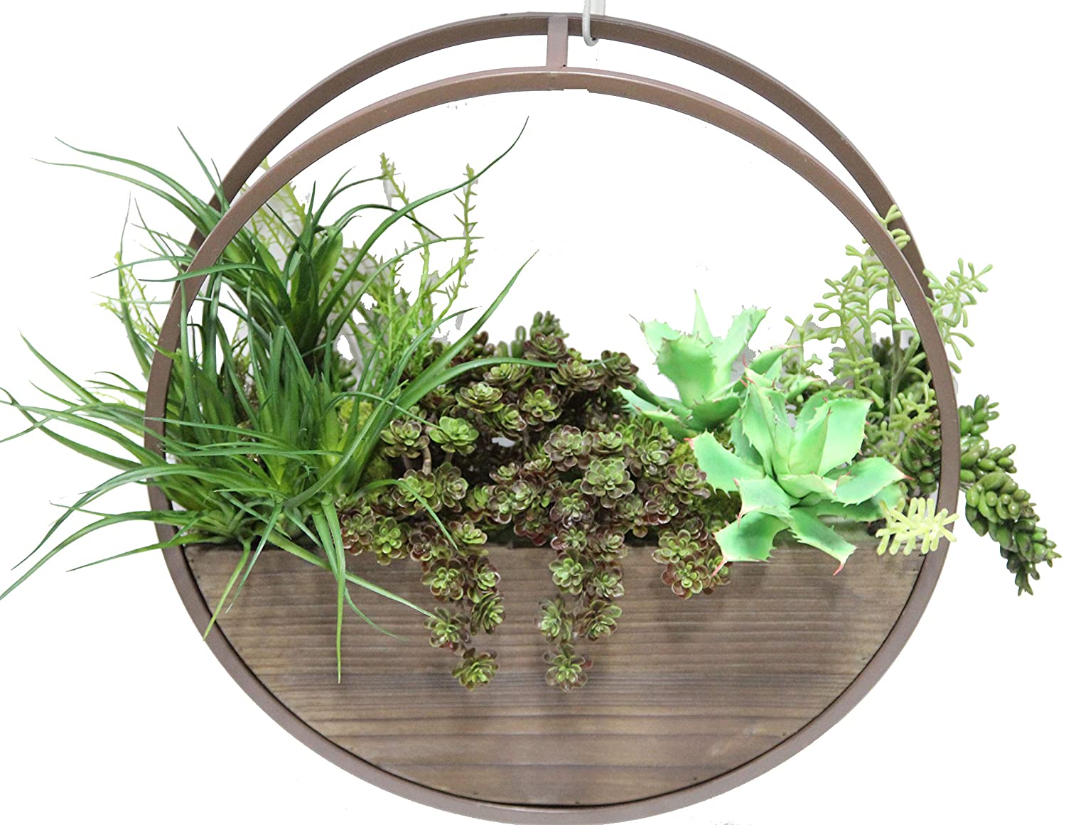 round hanging wall planter Admired By Nature ABN5E068-BR Set of 2 Round Wood and Metal framing Wall Hanging planters w/Hard Liners, Brown