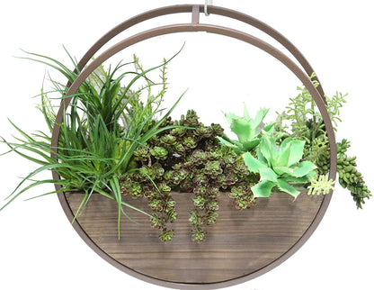Set of 2 Round Wood Flower Planter Pots w Metal framing Wall Hanging Planters