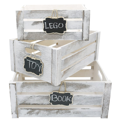 Set of 3 Rustic White Wooden Storage Crates - Farmhouse Style Decorative Baskets for Home Décor