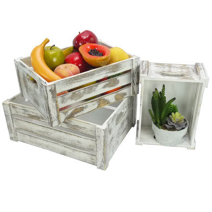 Set of 3 Rustic White Wooden Storage Crates - Farmhouse Style Decorative Baskets for Home Décor