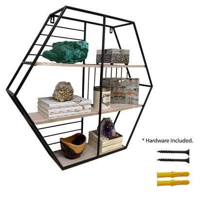 ABN5E163-NTRL Modern White Oak Wood Hexagon Floating ShelvesBlack,