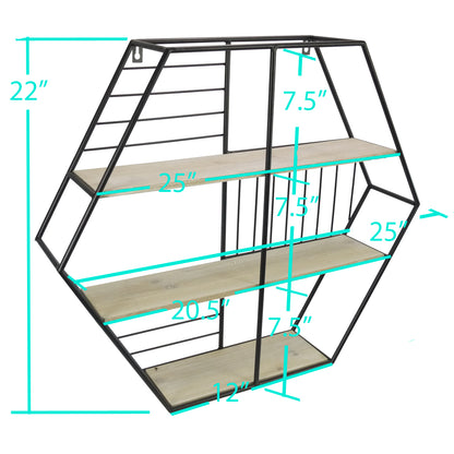 ABN5E163-NTRL Modern White Oak Wood Hexagon Floating ShelvesBlack,