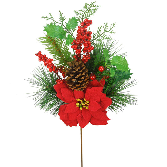 GXL2712-NATURAL- 26" Christmas Poinsettia Berry Pinecone & Holly Leaf Spray